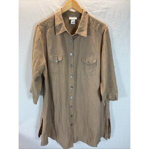 Soft‎ Surroundings Tan Linen blend button front Tunic Blouse Size 1X 3/4 sleeve